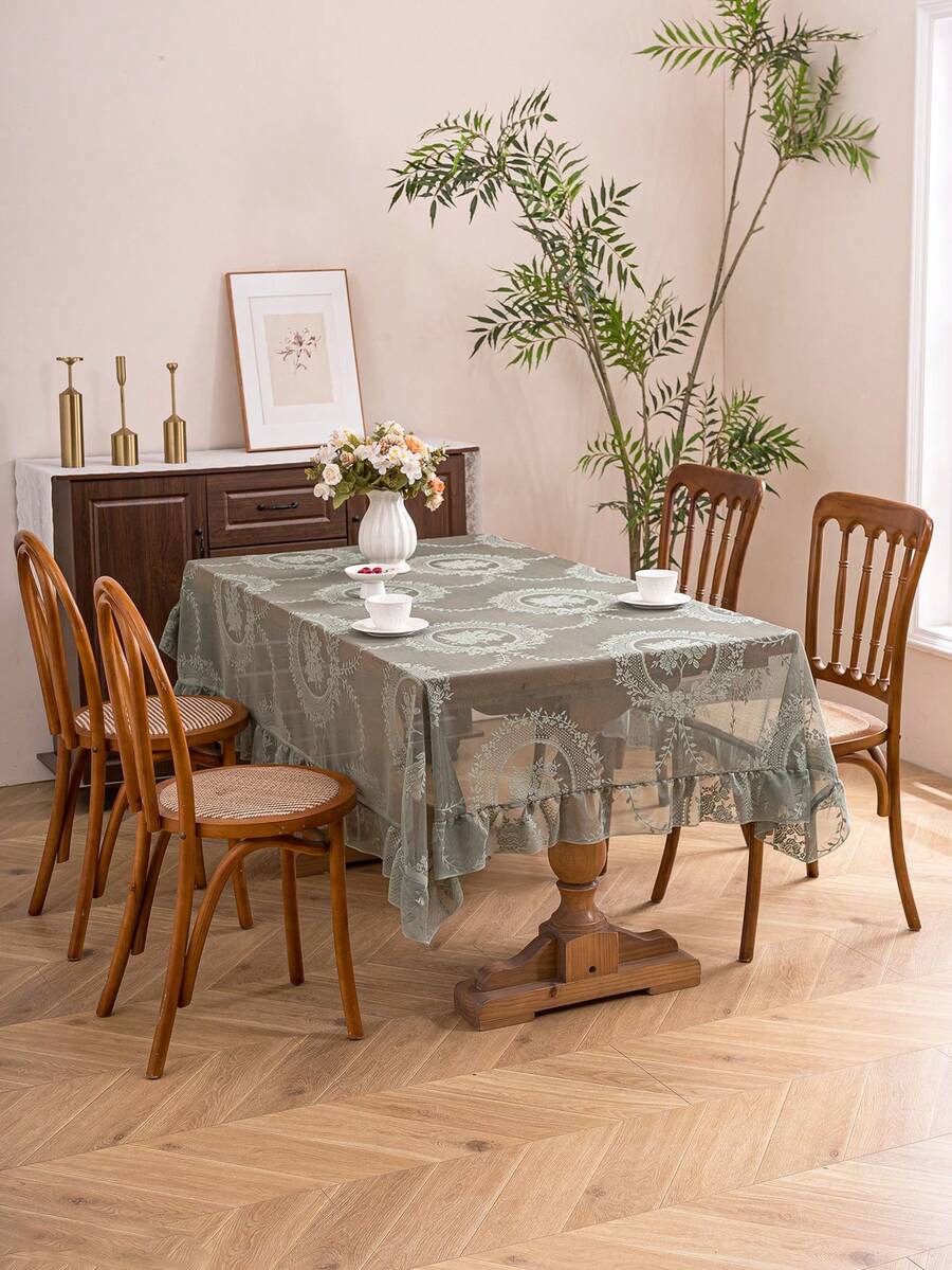 1pc French Elegant Floral Lace Trim Tablecloth, Countryside Fresh Decor - Green - View 1