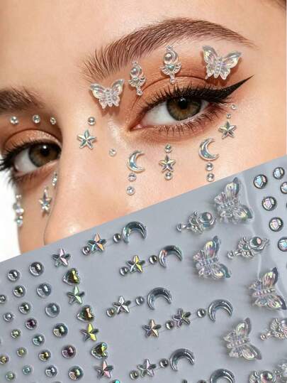 1 miếng dán đá mặt holographic có sẵn keo tự dính, không cần keo bổ sung, dễ dàng tạo phong cách trang điểm mơ màng. Kết hợp họa tiết bướm, mặt trăng, ngôi sao và các yếu tố khác, phù hợp phong cách ngọt ngào, cá tính, Y2K, tiên nữ và nhiều phong cách khác, dán ở góc mắt, dưới mắt hoặc má, nâng tầm vẻ tinh tế tức thì, chống nước và chống mồ hôi, không bị bong tróc, thiết yếu cho lễ hội âm nhạc, tiệc tùng, Halloween và các dịp khác, giúp bạn dễ dàng trở thành tâm điểm chú ý.