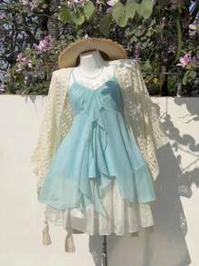 Japanese Sweet Lace Bubble Hem Sleeveless Cute Short Mini Kawaii Feminine Vintage Y2K Retro Summer Dress 2026 Outfit For Women - 7019 米色短套裝 - 查看 9