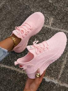 2025 New Women Solid Color Lace-Up Slip-On Sneakers, Wear-Resistant EVA Insole Tennis Shoes For Sports Hiking Autumn Winter Daily Wear - 淺粉色 - 查看 1