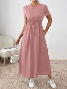 Vestido midi con cordón en la cintura, bolsillo lateral, ropa de regreso a la escuela, ropa de mujer para otoño, atuendos de maestra, vestido de despedida de soltera, vestidos casuales de mujer, vestidos midi de mujer, vestidos de trabajo de mujer, vestidos de otoño para mujer, vestidos maxi de mujer, disfraz de Halloween, vestido casual de negocios, vestidos de verano para mujer - Rosa - Ver 1