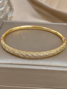 Elegant Gold Plated Twists Twill Pave Cubic Zirconia Bangle Bracelet & Open Ring, Jewelry Set For Women,Summer Boho,Mom Gift Daily Wear,Party/Gala - Multicolor - View 8