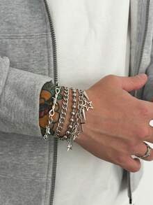 Set de 4 piezas Pulsera de cadena con cuentas y colgantes de estrella de cinco puntas hueca y remaches, estilo punk metálico para hombres - Plateado - Ver 2