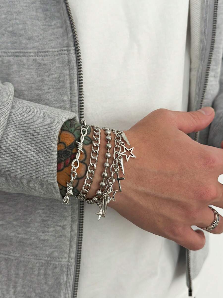 Set de 4 piezas Pulsera de cadena con cuentas y colgantes de estrella de cinco puntas hueca y remaches, estilo punk metálico para hombres