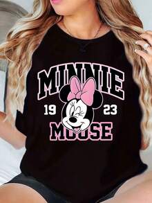 Minnie Mouse 1923 Graphic Print Disney Women T Shirt Round Neck Short Sleeve Casual Everyday Wear Holiday Gift Soft Comfortable 220g - màu đen - Xem 1