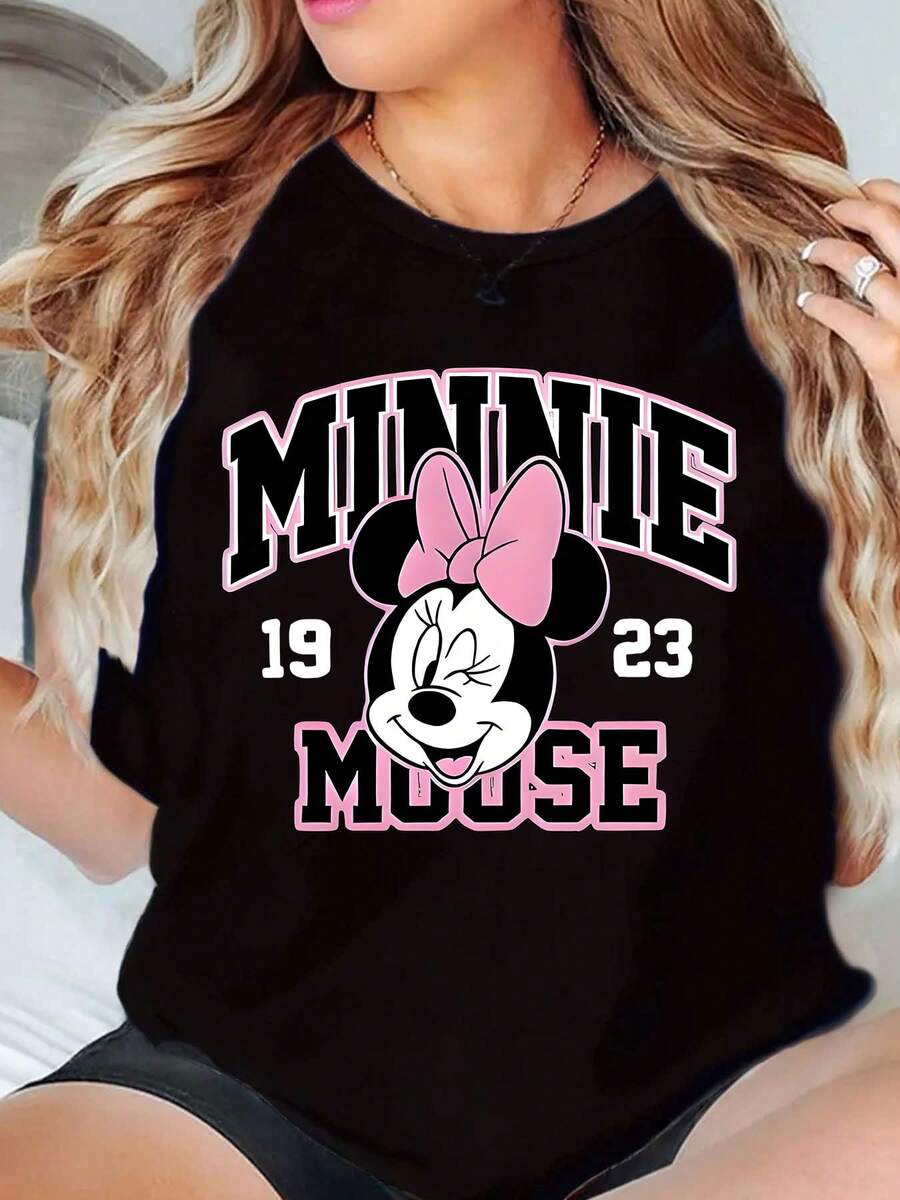 Minnie Mouse 1923 Graphic Print Disney Women T Shirt Round Neck Short Sleeve Casual Everyday Wear Holiday Gift Soft Comfortable 220g - màu đen - Xem 1