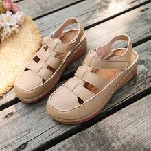 Women's Round Toe Stitched Wedge Thick Sole Hollow Out Hook And Loop Flat Sandals, Summer Outdoor - Apricot - View 7