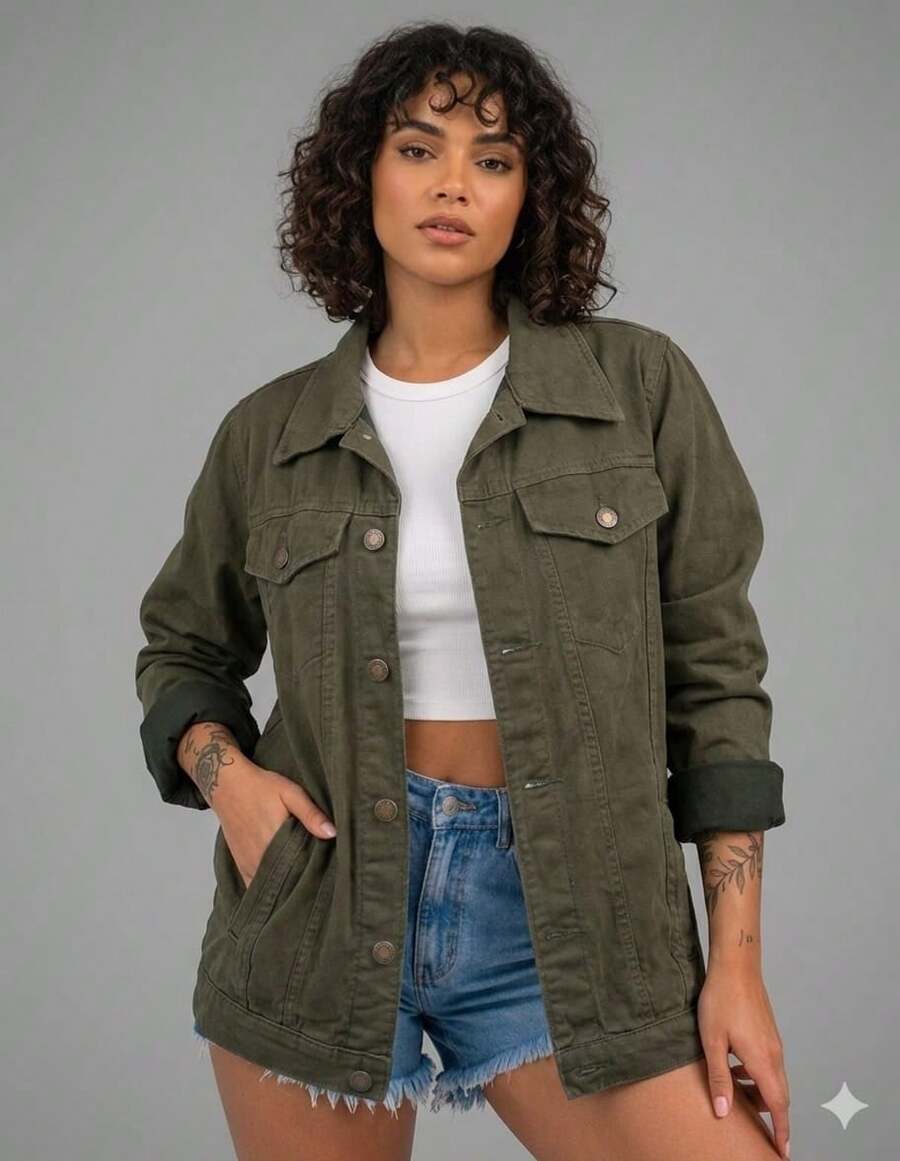 Maxi Oversized Denim Jacket With Pockets, Women's Long Winter - 軍綠色 - 查看 1