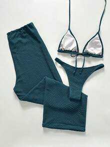 Swim Chiccia Conjunto de bikini de 3 piezas con cobertura y pantalones, de unicolor, de malla hueca para mujer, para vacaciones de verano en la playa - Azul 2 - Ver 2