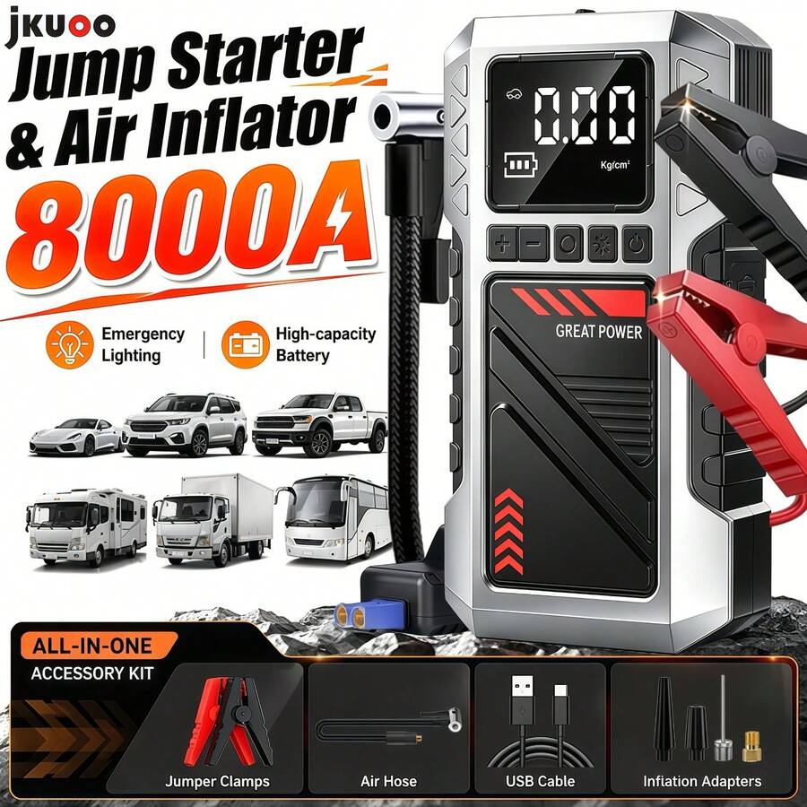 Arrancador de Emergencia para Coche e Inflador de Neumáticos - Banco de Energía Portátil con Pantalla LED, Bomba de Neumáticos Inalámbrica, Inflado Rápido de 150PSI, Linterna y Carga Rápida USB, Sin Necesidad de Energía para Cargar la Batería e Inflar los Neumáticos - T-706/YZ-6602A - Ver 1