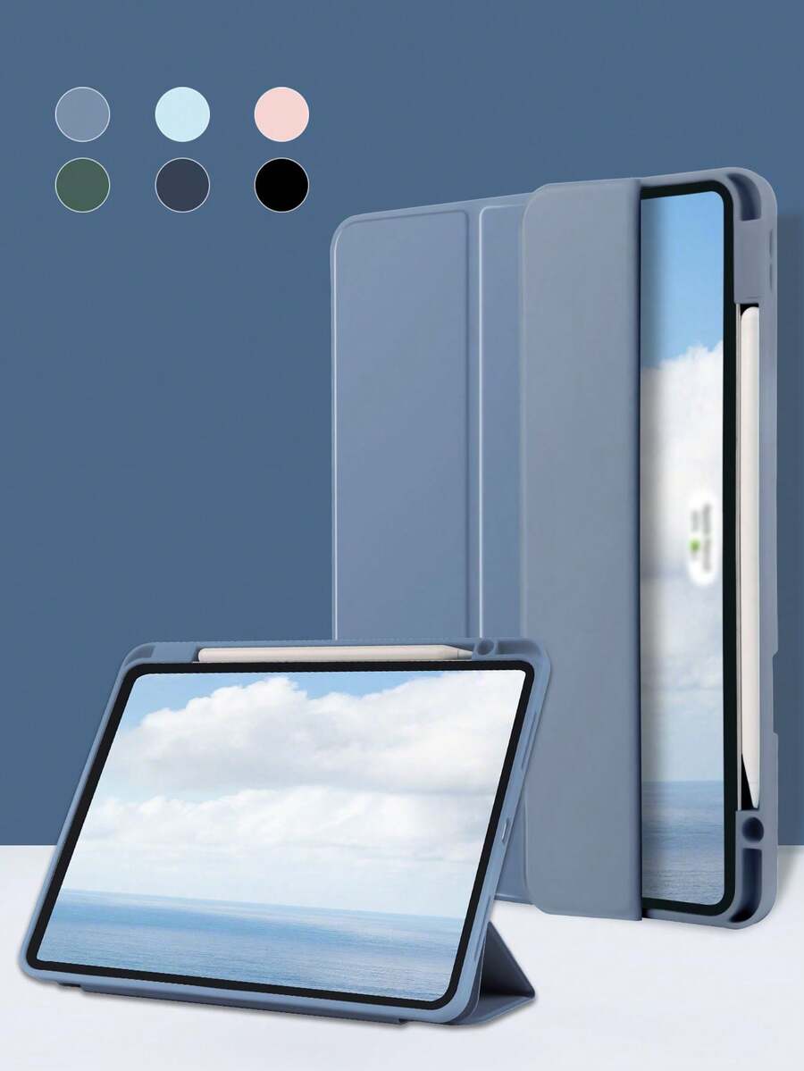 1件純色右側筆槽三折平板保護殼 煙紫色,適用於 iPad Mini6/Mini7/Air/Air2/9.7/10.2/10.5/Air4/Air5/10.9/Pro 11"/10th Gen/ Air 11-In.(M2)-2024/ Pro11-In.(M4)-2024/Air 11-Inch (M3) 2025,不含筆,三折支架,內置筆槽,TPU軟邊,全方位防摔耐磨,蜂巢散熱,自動休眠/喚醒,簡約輕便可折疊平板保護殼,筆槽版 - 燻衣紫 - 查看 1
