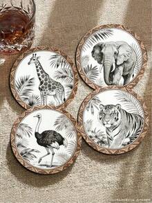 4/1 pieza Posavasos de madera vintage con motivos de fauna de la selva, con patrones de elefante, jirafa, tigre y avestruz, adecuados para decoración del hogar, suministros para fiestas y vacaciones. - Multicolor - Ver 9