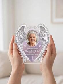 1pc Customized Photo & Text Angel Wings Acrylic Plaque, Personalized Name & Date Memorial Decor, Commemorative Gift, Condolence Remembrance, Forever In Our Hearts Memorial Decor, Mourning Family, Loved Ones, Family Memorial Display, Funeral Memorabilia, Memorial Altar Decoration - Multicolor - View 6