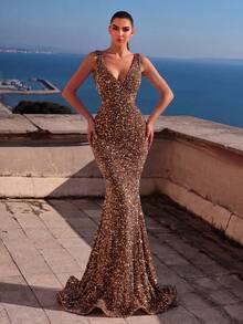 Faeriesty Elegantes Meerjungfrau-Abendkleid mit tiefem V-Ausschnitt - figurbetontes Paillettenkleid mit hohem Beinschlitz und körperbetonter Silhouette, geeignet für formelle Dinners und Hochzeitspartys - Kaffeebraun - Übersicht 2