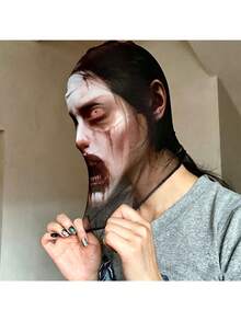 1pc Halloween Female Ghost Mask, Scary Female Ghost Mask, Halloween Thriller Female Ghost Head Cover, Escape Room Role Play Prop, Horror Decoration Mask, Suitable For Halloween Night Costume And Holiday Dress Up - Multiple Styles - View 3