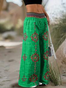 Plus Size - Plus Size - New Spring/Autumn Design Niche High Waist Retro Loose Casual Pants With Random Print Wide Leg - Green - View 2