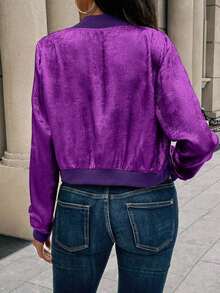 Chaqueta de béisbol con cremallera metálica dorada, puños acanalados, ajuste slim, elegante y versátil, cárdigan corto para ropa de fiesta de Año Nuevo - Morado 2 - Ver 2