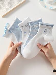 5 Pairs Women Cute Sweet White & Blue Bow, Heart, Cherry Print Short Socks, Student Socks, Comfortable Casual Creative Ruffled Socks, Random Colors, Suitable For Daily Wear All Seasons - Multicolor - View 5