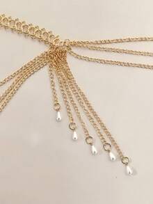 1pc Elegant Pearl Tassel Waist Chain, Gold Multi-Layer Body Chain Belt, Adjustable Women's Wedding Bridal Evening Party Dress Accessory - Gold - View 5