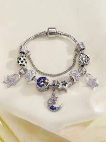 1pc Teen Crafted Fashionable Couple's Style Blue Moon And Stars Lock Polymer Clay Soft Clay Heart Cutout Beaded Pendant For DIY Snake Chain Bracelet Making - Multicolor - View 6