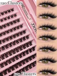 120 piezas Conjunto de pestañas postizas en racimo con estilo C-Curl, incluye pegamento de doble uso y pinzas, 5 estilos mixtos de 8-16mm, naturales, esponjosas, suaves y ligeras, reutilizables, adecuadas para maquillaje diario y de fiesta, pestañas en racimo, kit de pestañas DIY - Negro - Ver 9