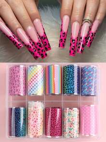10 Rollen Blumen- & Leoparden-Muster Nageltransfer-Folie, Y2K Regenbogen, Herz, Schmetterling, Zebra Nagel-Foliensticker, klassisch eleganter Sternenhimmel Komplett-Wrap DIY Nagel-Sticker, Frühlings-/Sommer-Nagel-Accessoires für Frauen & Mädchen - Verschiedenfarbig - Übersicht 4