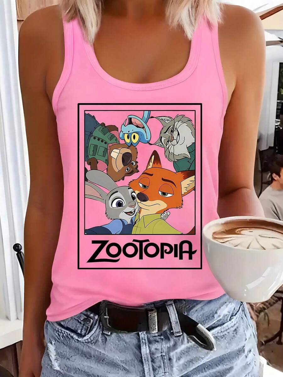 Disney Zootopia Main Characters Women's Sleeveless Tank - Judy Hopps, Nick Wilde & Friends Group Portrait Print Racerback Top, Lightweight Casual Shirt For Disney World Trip, Summer Vacation & Daily Wear - 粉色 - 查看 1