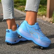 Girls' Sky Blue Wave Pattern , Hook And Loop 4-Wheel Retractable Roller Skates, Children's Sports Inline Skates - Mint Blue - View 9
