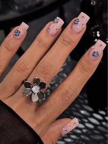 10pcs Y2K Style Handmade Press-On Nails, Floral Rhinestone Pattern Matching Design, DIY Acrylic Fake Nails, Top Choice For Nail Art Enthusiasts, Suitable For Holidays And Daily Wear, Perfect Gift For Girls, Essential Gift For Graduation Season - Apricot - View 1