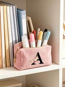 Customized A-Z Letter Corduroy Pencil Case, Customized Initial, Back To School Essential Pencil Bag, Valentine's Day Gift Makeup Bag, Ramadan Gift Choice, Large Capacity Travel Cosmetic Organizer (Smooth Zipper), Fresh And Cool Pink & White Letter Print Design, Lightweight And Foldable, Portable And Easy To Store, Thoughtful Gift For Girlfriend/Bridesmaid, Durable Toiletry Organizer For Home And Travel, Popular Back To School Gift - Multiple Styles - View 6