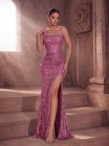 ADYCE Sequin Backless Ruched Slit Maxi Dress, Suitable For Party, Event, Wedding Guest, Formal Occasion, Banquet - Dusty Pink - View 5