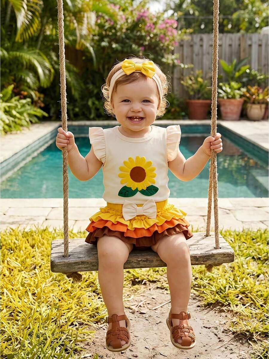 Baby Girls Shorts Set, Fly Sleeve Letters Print Romper Elastic Waist Shorts With Hairband Summer Outfit - Màu be - Xem 1