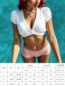Women's Vacation V-Neck Puff Sleeve Cropped Top, Slim Fit Multiple Colors Spring Summer Wear, Hand Wash Recommended, Perfect For Beach, Party, Daily Casual Outfit - trắng - Xem 11