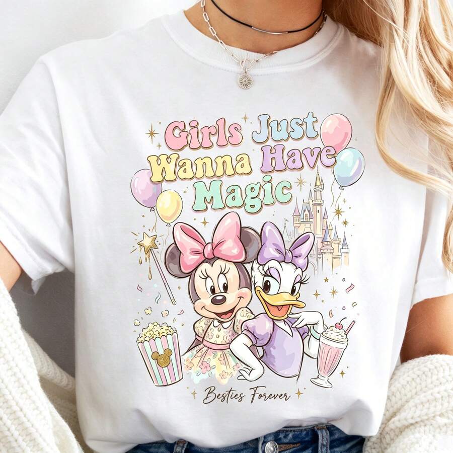 Disney "Girls Just Wanna Have Fun" Besties Oversized T-Shirt Unisex, 100% Cotton Vintage Short Sleeve Casual Top, Minnie & Daisy Graphic Print Tee - trắng - Xem 1