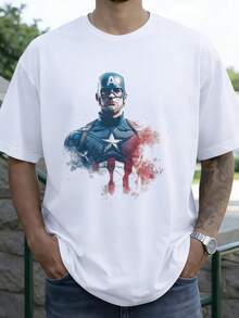 Men's MARVEL Captain America Cotton T-Shirt, Hero Portrait Graphic Tee, Summer Casual Streetwear, Ideal Gift - trắng - Xem 5