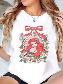 Ariel Princess In Floral Frame With Red Bow Print Disney Women T Shirt Round Neck Short Sleeve Casual Wear For Everyday And Holiday Soft Comfortable 220g - trắng - Xem 1