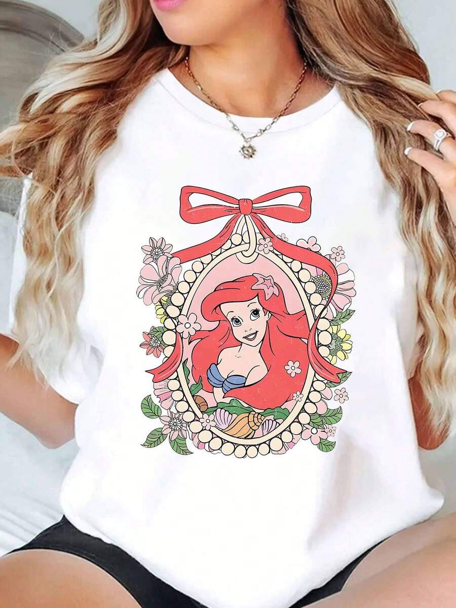 Ariel Princess In Floral Frame With Red Bow Print Disney Women T Shirt Round Neck Short Sleeve Casual Wear For Everyday And Holiday Soft Comfortable 220g - 白色 - 查看 1