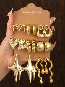 4/6/16 piezas Conjunto de aretes elegantes de moda en dorado, incluye diseños de moño, aro, círculo, corazón, estrella, onda, forma de C, adecuado para uso diario y regalos festivos - Dorado - Ver 13