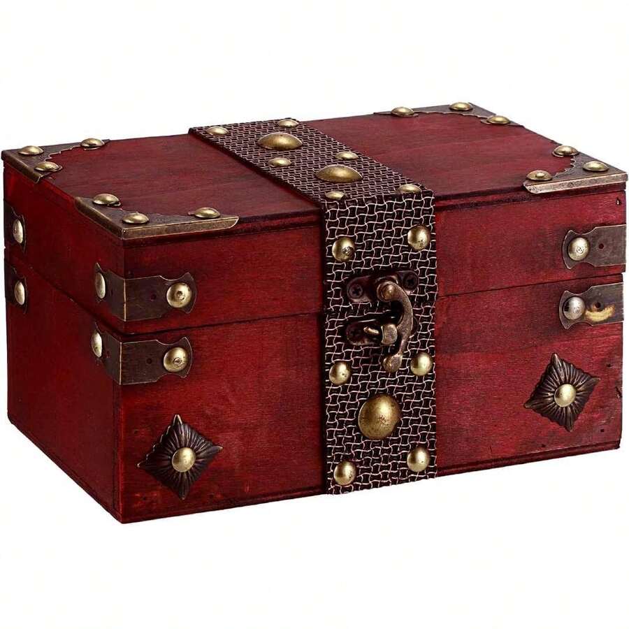 Vintage-Style Lockable Storage Box, Treasure Chest Box, Movie Prop Box, Collectibles Storage Box, Escape Room Investigation Wooden Storage Box, Jewelry Holders, Vintage Home Desktop Decoration. - Đỏ - Xem 1