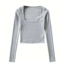 Top corto acanalado con cuello cuadrado y manga larga para mujer - Gris - Ver 3