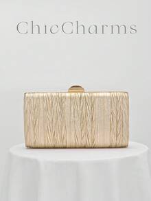 1pc Shiny Gold Pleated Elegant Small Clutch Bag, Rhinestone Chain Strap Fashion Handbag For Women, Suitable For Evening Gown, Formal Party, Wedding, Cocktail Party, Gift For Ladies - Gold - View 8