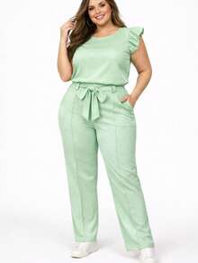 Elegant Plus Size Social Set In  Crepe, Casual Style With Drawstring Pockets, For Office Or Home. - Mint Green - View 4