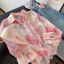 Fashion Women's Clothing Blusa de lino con estampado floral de tipo ditsy en colores de macaron, blusa suelta y ligera versátil para mujeres en primavera y vacaciones - Rosa Fucsia - Ver 1