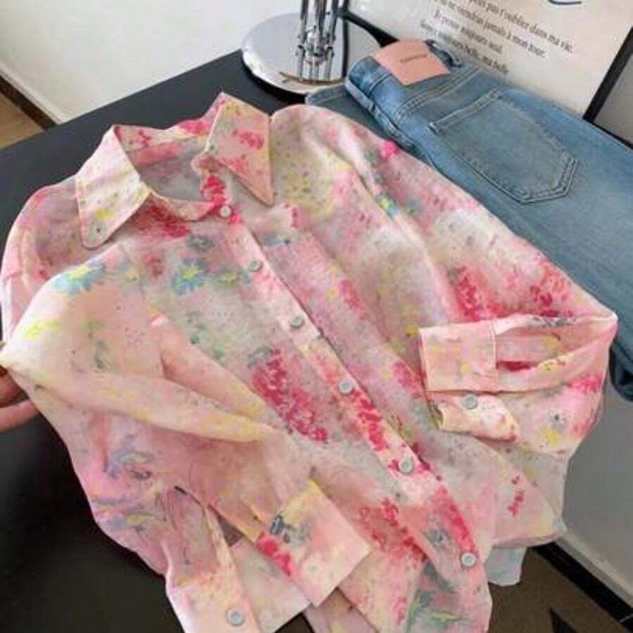 Fashion Women's Clothing Blusa de lino con estampado floral de tipo ditsy en colores de macaron, blusa suelta y ligera versátil para mujeres en primavera y vacaciones - Rosa Fucsia - Ver 1