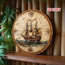 2D Flat Vintage Metal Sign - Old World Map, Detailed Sailing Ship, Framed Wall Art, Suitable For Living Room Decor, Ideal For Expressive Zones, Indoor Use, New Year Gift, 19.81x19.81cm, Coastal Home Decor, Perfect For Room Decoration (Random Hole Position) - A - View 5