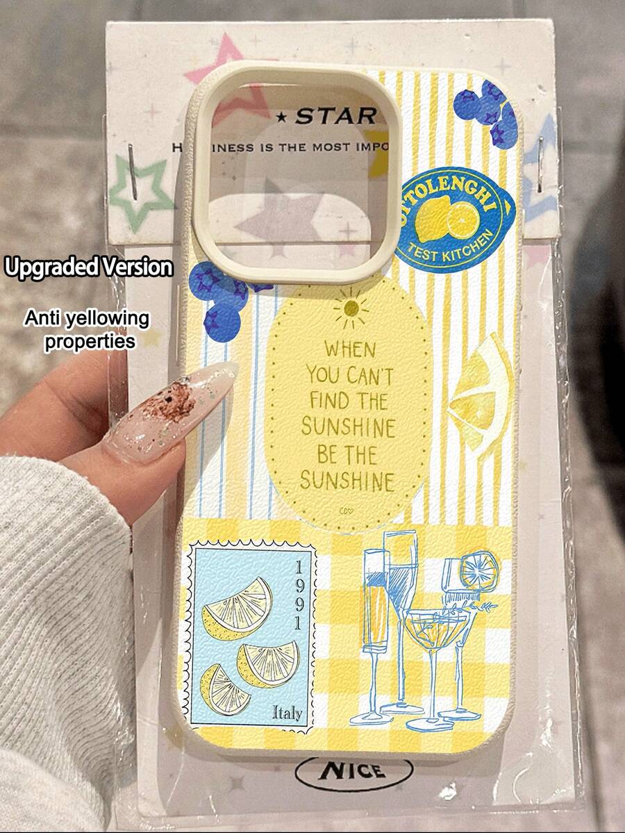 1pc Fashionable Lemon Striped Wine Glass Pattern Litchi Texture Anti-Drop Anti-Slip Soft Phone Case Compatible With Apple, Phones - Multicolor - View 1