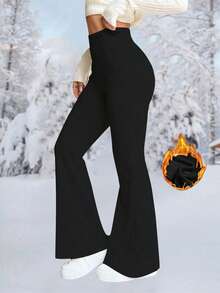 Women's High Waist Black Flare Pants, Warm Thickened Long Winter Pants, Made Of High Elastic Fabric, Suitable For Cold Weather Wear - Black - View 1