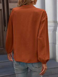 Plus Size Regular Length Long Sleeve Shirt Collar Backless Contrast Floral Lace Detail Top - Brown - View 5