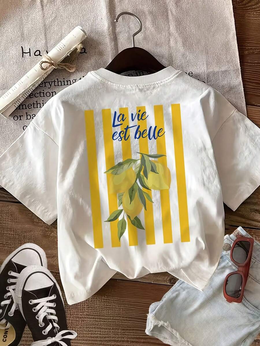 Graphic Print T-Shirt, Casual Short-Sleeved Top With Round Neck, Suitable For Summer And Spring Wear, Women's Tops. - White - View 1