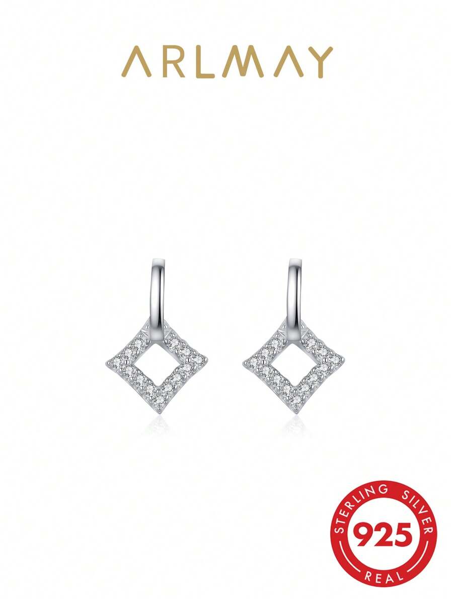 1 Pair 925 Sterling Silver Geometric Hollow Square Earrings, Sparkling Cubic Zirconia Jewelry Gift For Women